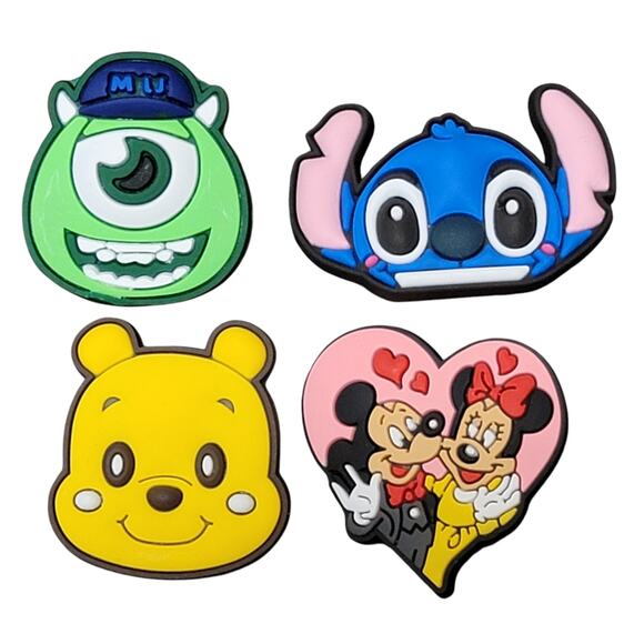 Disney Shoe Charms Lot 4 Pc Stitch Pooh Mickey Minnie Mike Wazowski Monsters Inc - Picture 1 of 5